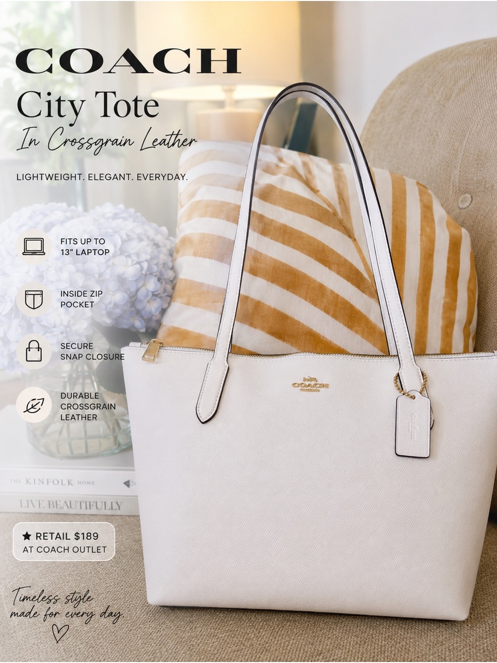 COACH City Tote in White Crossgrain Leather | Gold Hardware $295 MSRP
